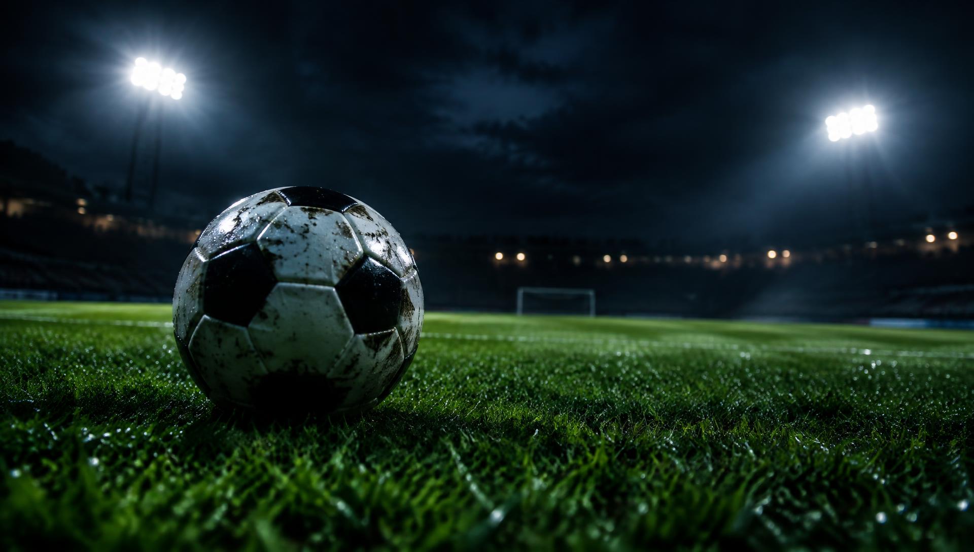 Bola de futebol em campo iluminado à noite